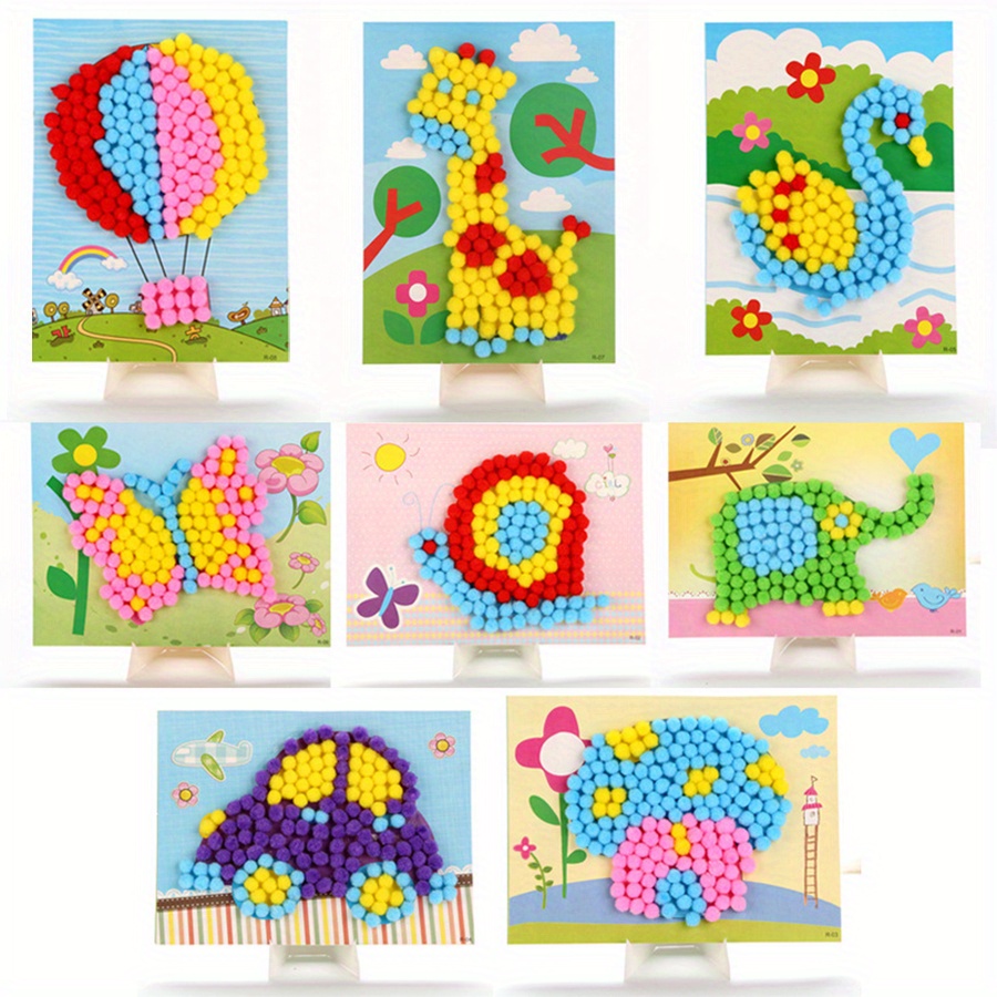 Art Craft Painting - 2pcs 16x21 ซม.สีสัน Pom-Pom ภาพวาดการขนส่งสัตว์ DIY