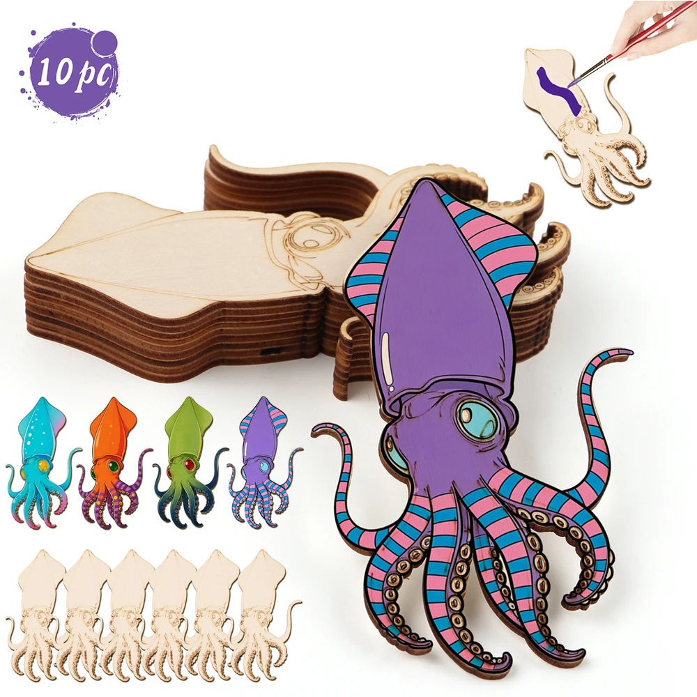 Art Craft Painting - ชุดงานฝีมือไม้รูปปลาหมึกยักษ์ 10 ชิ้น/ชุด สำหรับตกแต่งแขวนผนัง งาน DIY